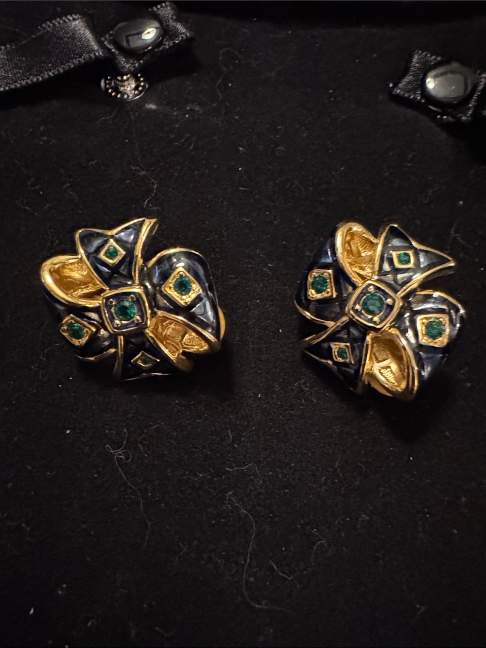 Joan rivers Gold and Black Floral Clip-On Earrings with Green Accents
